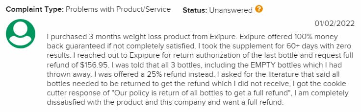 Complaint regarding Exipure customer service